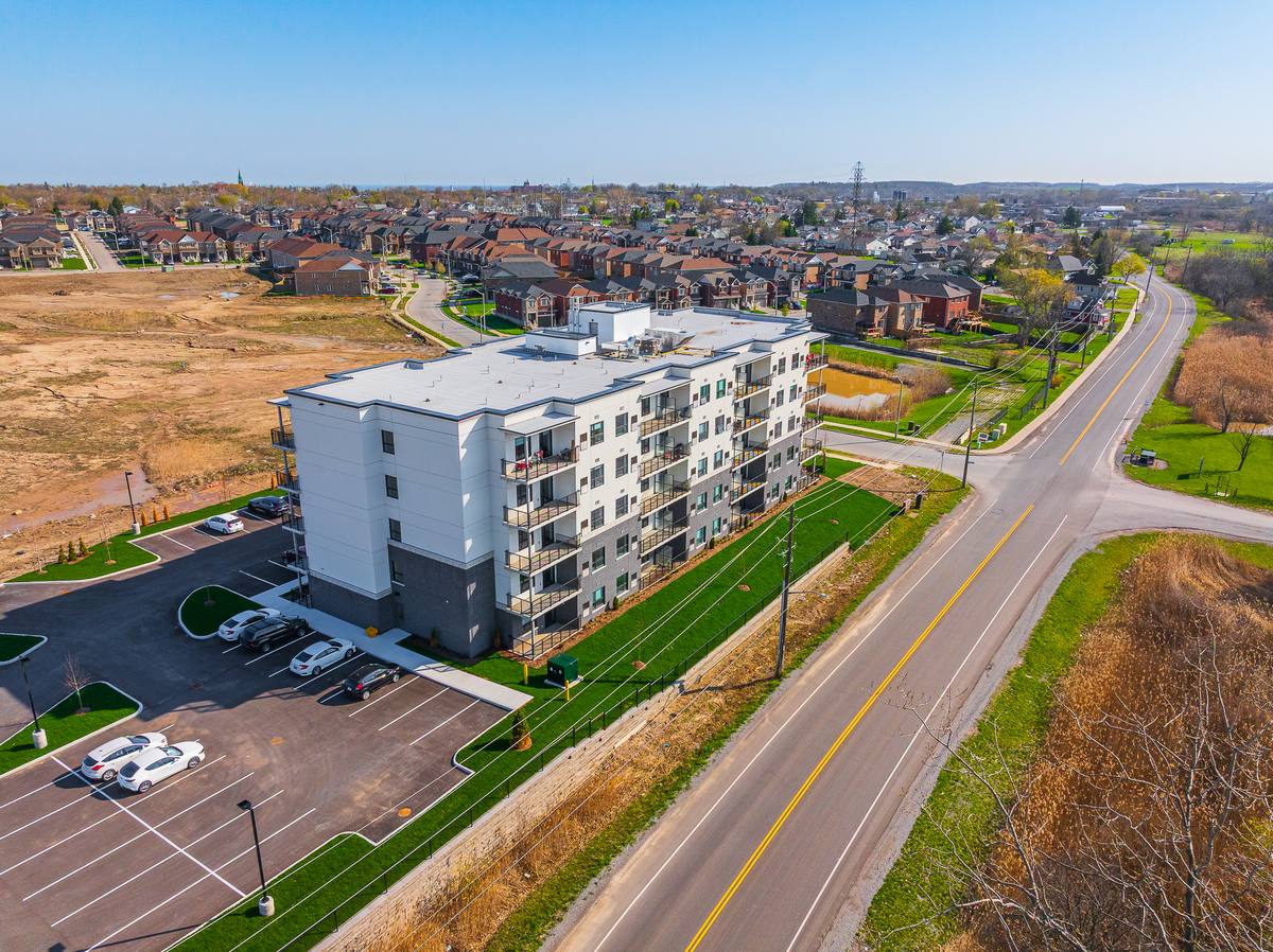 Aerial view seniors apartments Thorold neighbourhood near St Catharines